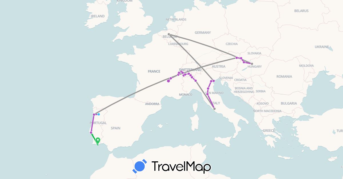 TravelMap itinerary: driving, bus, plane, train, boat in Austria, Belgium, Switzerland, France, Hungary, Italy, Portugal, Slovakia (Europe)